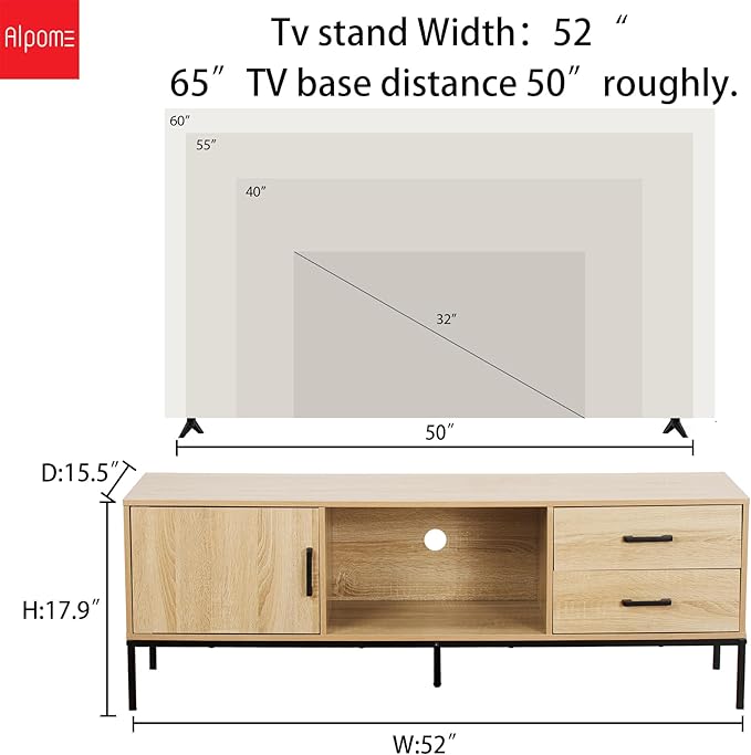 TV Stand for 55/60 Inch TV, Modern Wood Entertainment Center with Storage, 52" Media Console Table with 2 Drawers & Door Cabinet, Television Stands for Living Room & Bedroom(Burlywood)