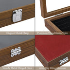 MOOCA Ring Box Jewelry Display Tray, Display Case Accessories Storage Box with Tempered Glass Hinge Lid, Black Lined Jewelry Tray for Rings, Walnut/Black Color, 14.1W x 10.2D x 2.1H in