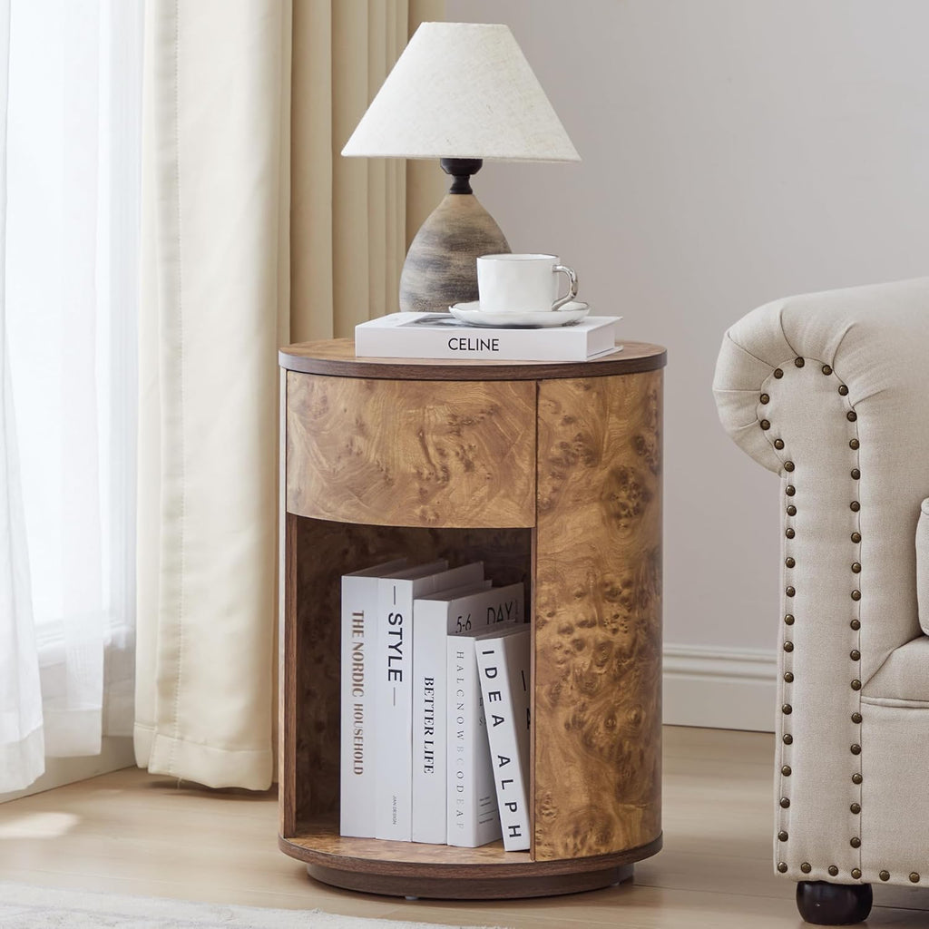 Side Table with Drawer, Round Bedside Table with Open Shelf, Farmhouse Burl Wood Nightstand Accent Table for Living Room, Bedroom (Walnut, 1-Pack)