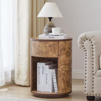 Side Table with Drawer, Round Bedside Table with Open Shelf, Farmhouse Burl Wood Nightstand Accent Table for Living Room, Bedroom (Walnut, 1-Pack)