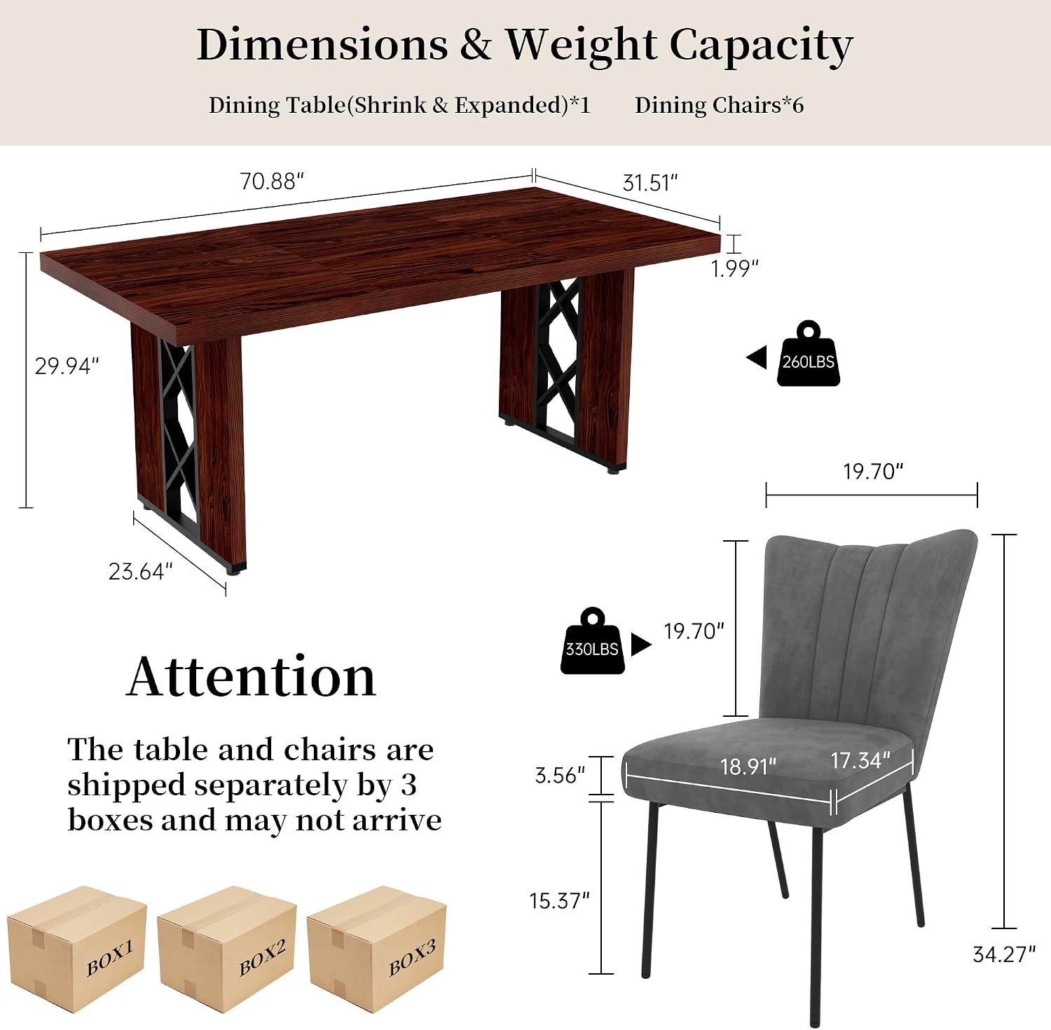 HIPIHOM 7-Piece Dining Table Set for 6, Walnut Table with 6 Grey Chairs | Thick MDF Tabletop, Rectangle Kitchen Table Set with Metal Legs for Breakfast Nook, Dining Room, Kitchen, Apartment
