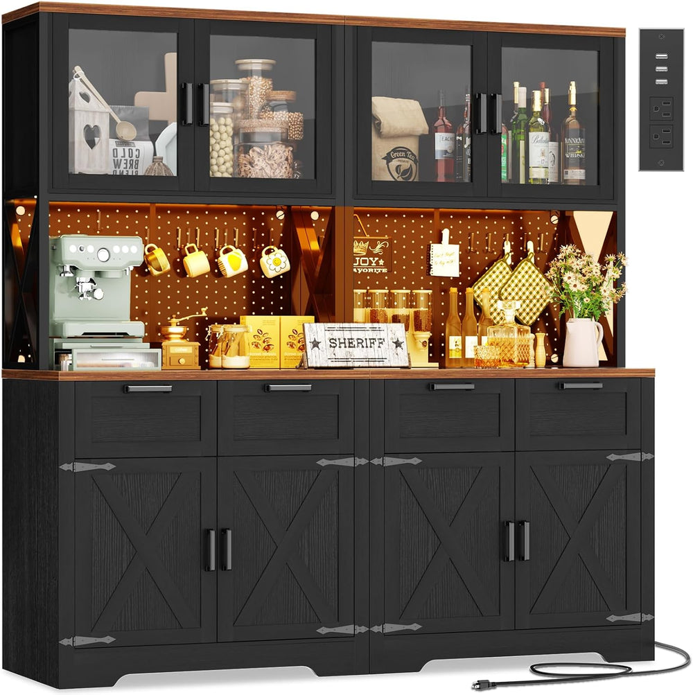 Unikito 71" Kitchen Pantry Cabinet with LED Light & Outlet, Microwav...