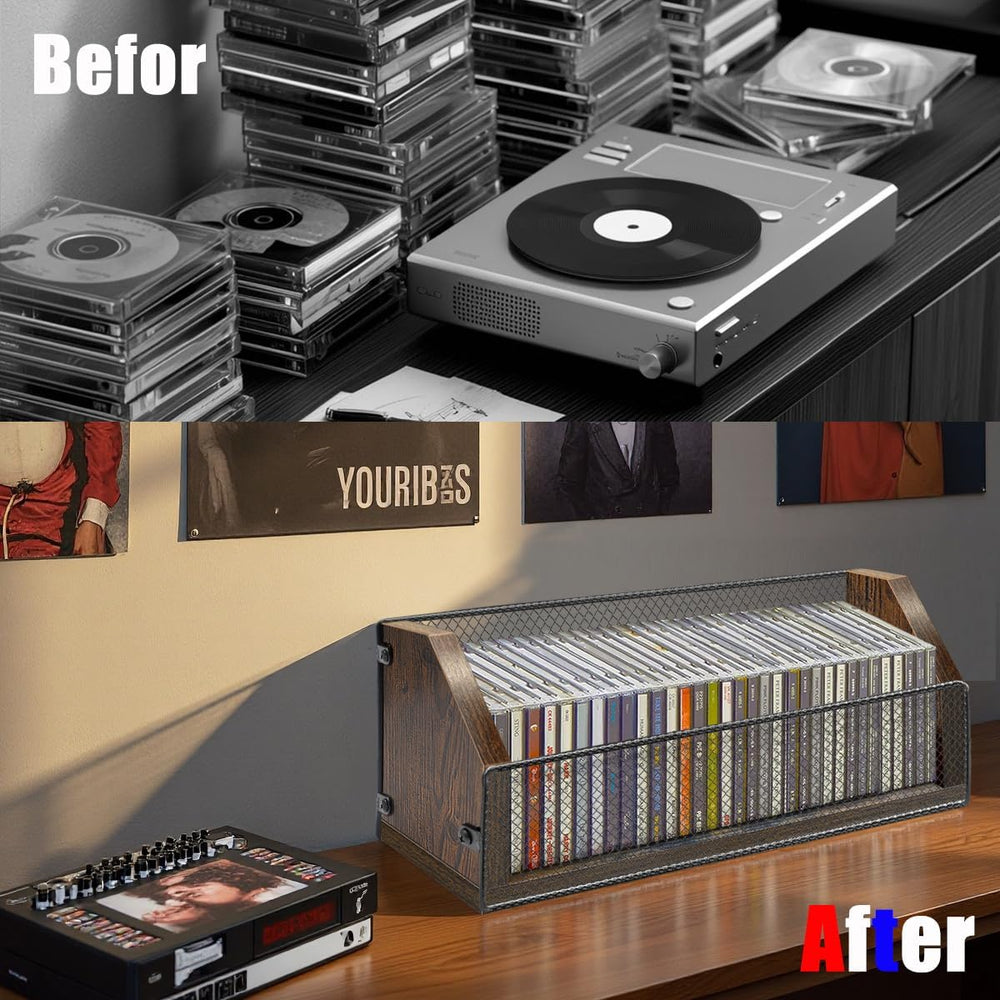 CD Storage Rack, Wooden CD Organizer Holds 32 CDs, Retro CD Shelf for Desktop...