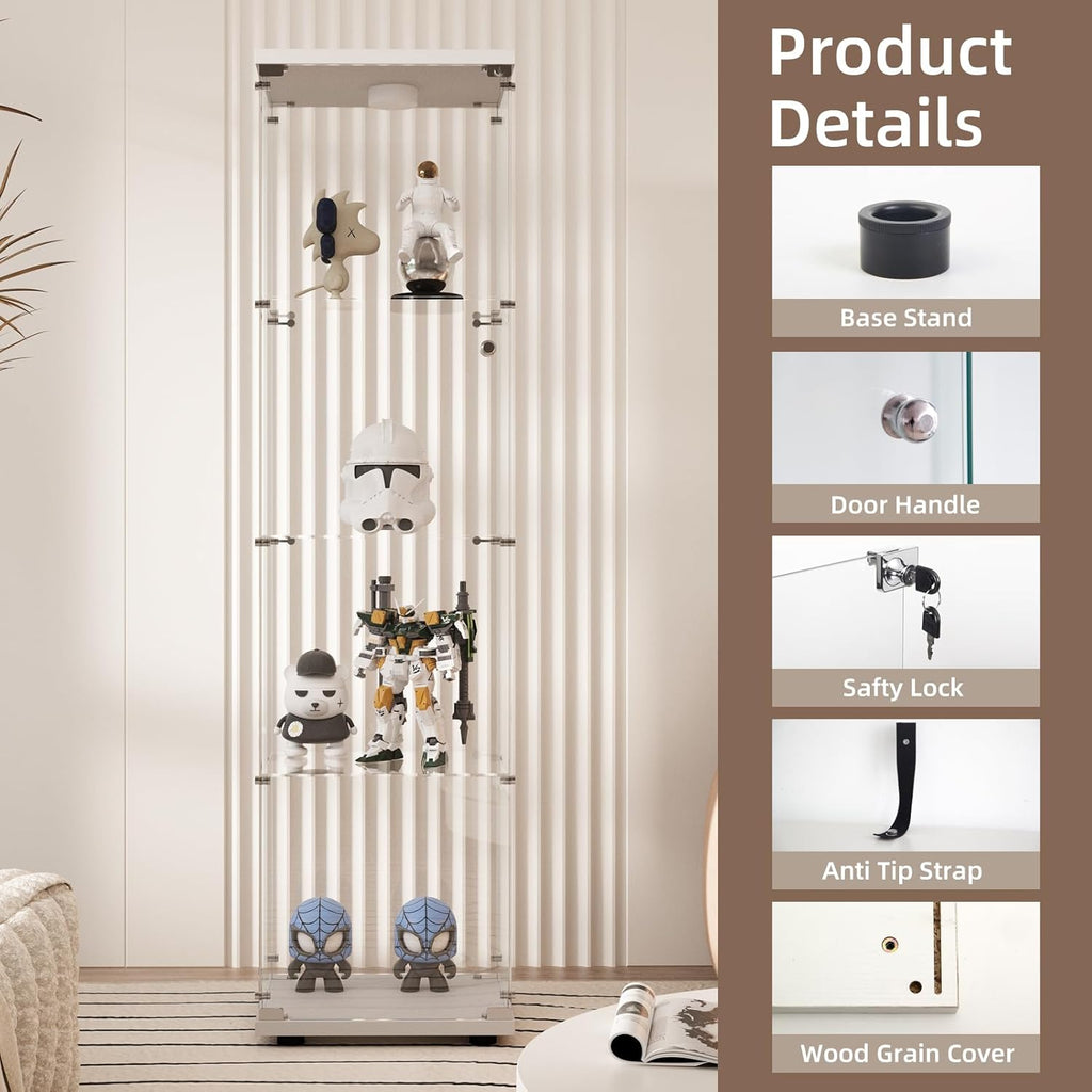 Beauty4U Glass Display Cabinet with LED Light, 4 Shelves, Curio Cabinets for Living Room, Bedroom, Office, White Floor Standing Glass Bookshelf, Quick Installation