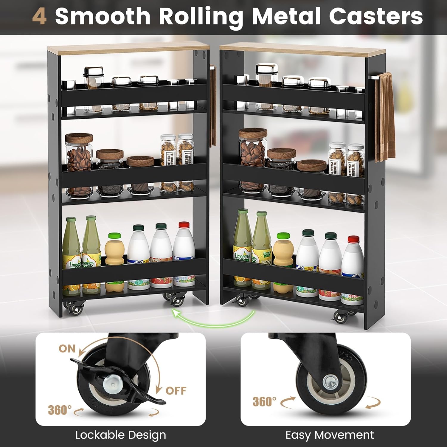MAT EXPERT Slim Rolling Storage Cart, 4-Tier Freestanding Slim Storage Cart with Wheels 360 Degree & Metal Handle, Wooden Utility Cart for Narrow Kitchen, Laundry Room, Bathroom (Black + Natural)