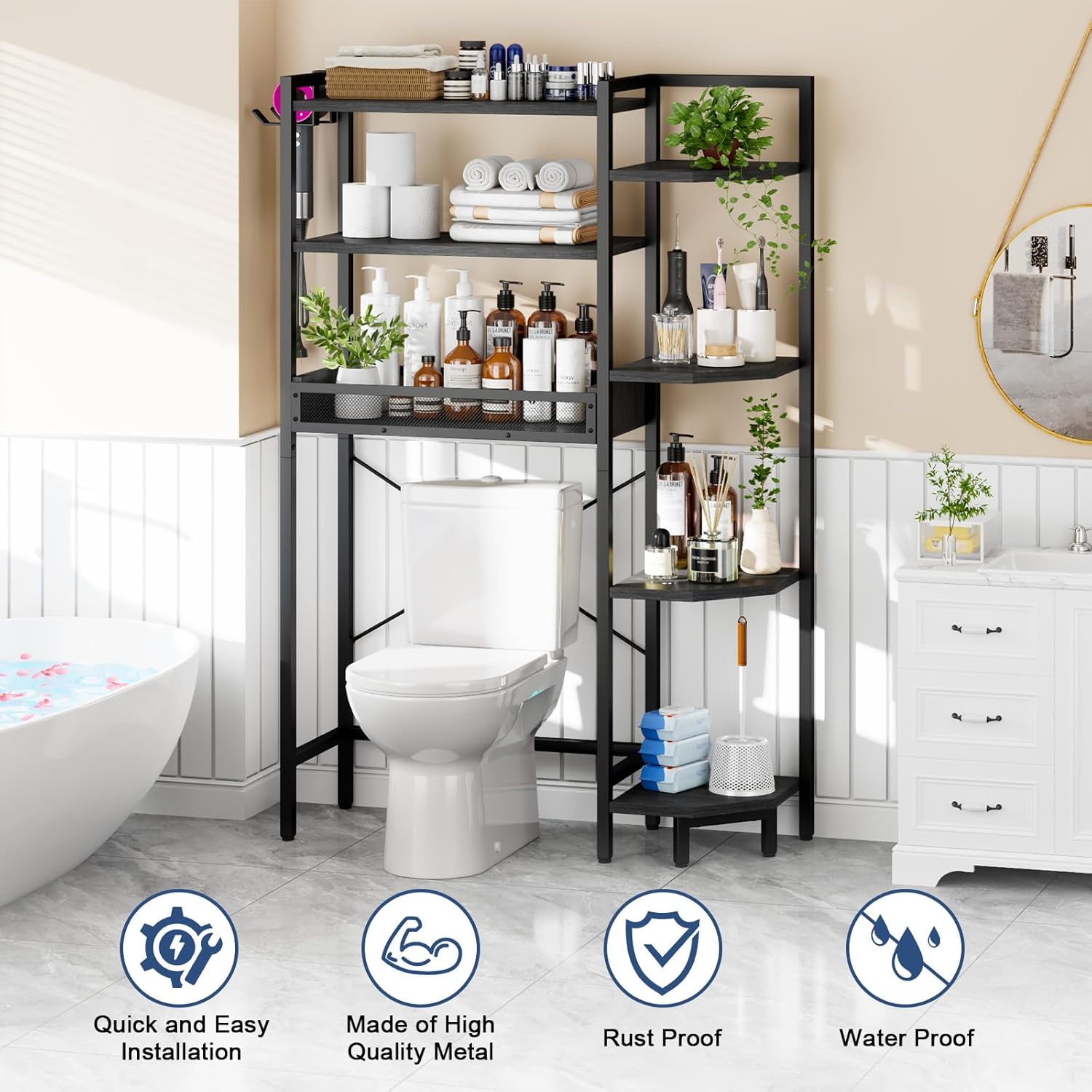 K1 Heavy Duty 7-Tier Over The Toilet Storage（with Basket and Paper Hook） Freestanding Above Toilet Shelf with Adjustable Feet，Space Saver Bathroom Shelves 9.3" D x 33.5" W x 63.8" H，Black