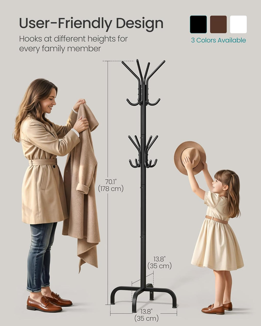 SONGMICS Coat Rack Freestanding with 16 Hooks, Metal Coat Tree Stand with 4 Adjustable Feet, Clothes Hanger Stand for Entryway Bedroom Living Room Hallway Office, Ink Black URCR083BH01S