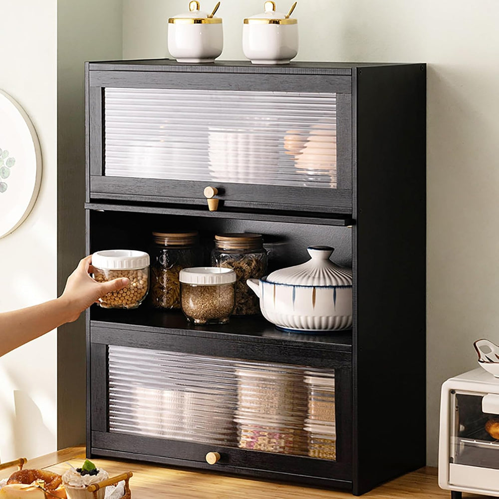 3 Tier Kitchen Pantry Storage Cabinet with with 2 Sliding Striped Glass Doors...