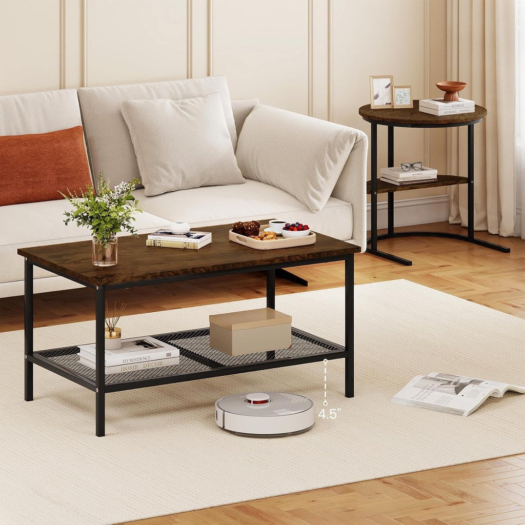GOFLAME Nesting Coffee Table Set of 2, 2 PCS Nesting Tables with Wood Top and Extra Storage Shelf, Modern Round End Table & Rectangular Coffee Tables for Living Room, Bedroom, Rustic Brown+Black