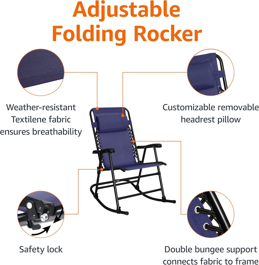 Amazon Basics Outdoor Portable Folding Rocking Chair with Headrest, Ergonomic Design, Weather-resistant Textilene Fabric for Porch, Blue