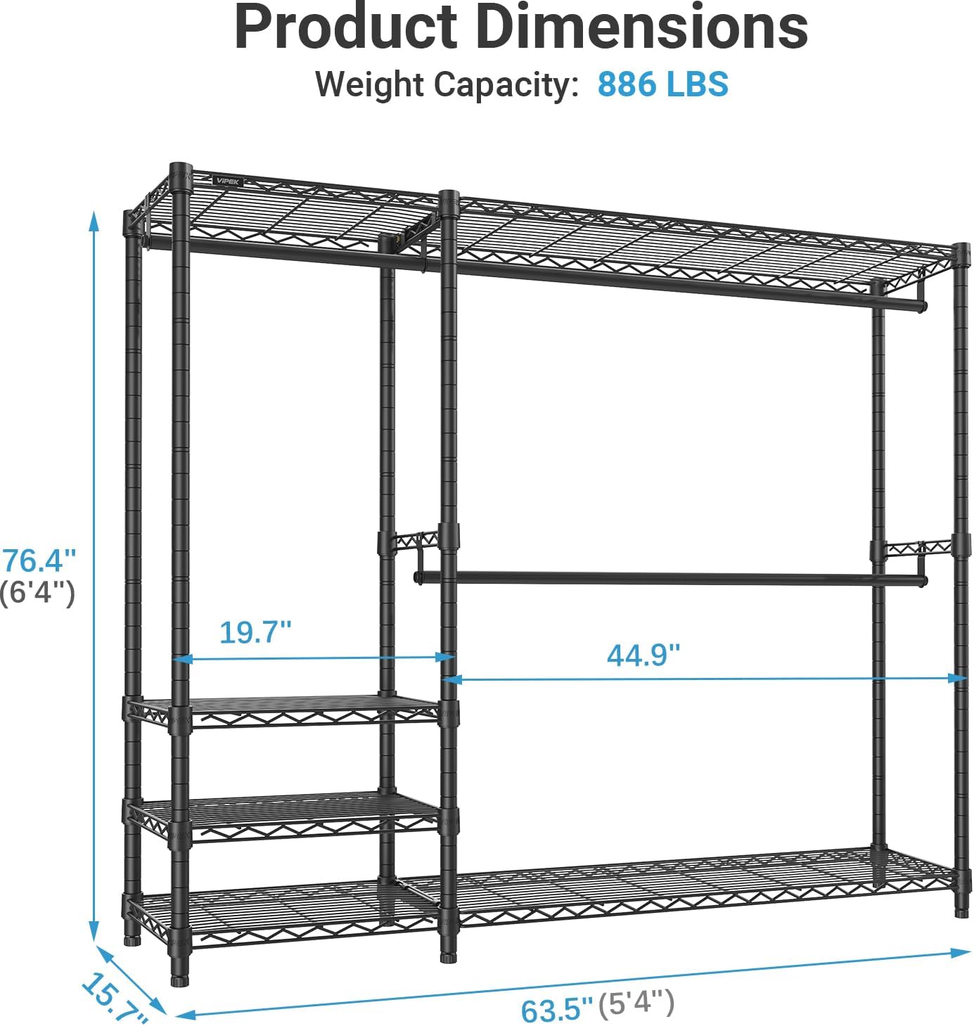VIPEK V2 Plus Heavy Duty Clothes Rack, Portable Metal Clothing Racks with 4 Tiers Adjustable Wire Shelving & 3 Hanging Rods, Freestanding Closet Rack, Max Load 886LBS, Black