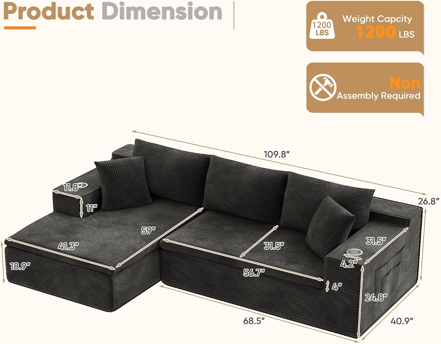 Homall 109" Boneless Couch with Memory Foam, Modular Sectional Sofa with L-Shape Chaise, Cloud Couch with Deep Seat, Dual Cup Holders & Side Pockets, No Assembly Required (Black)