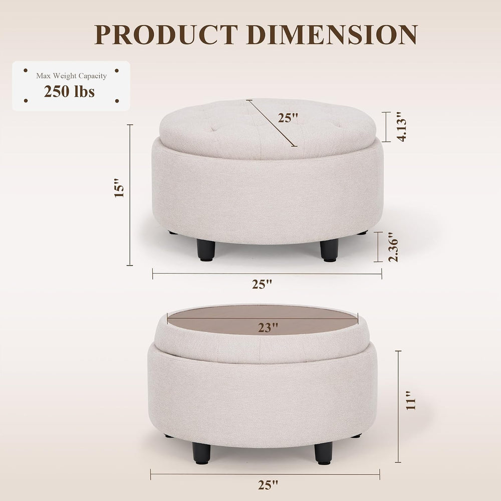 COLAMY Fabric Round Storage Ottoman with Reversible Tray Lid – Multi-Function...
