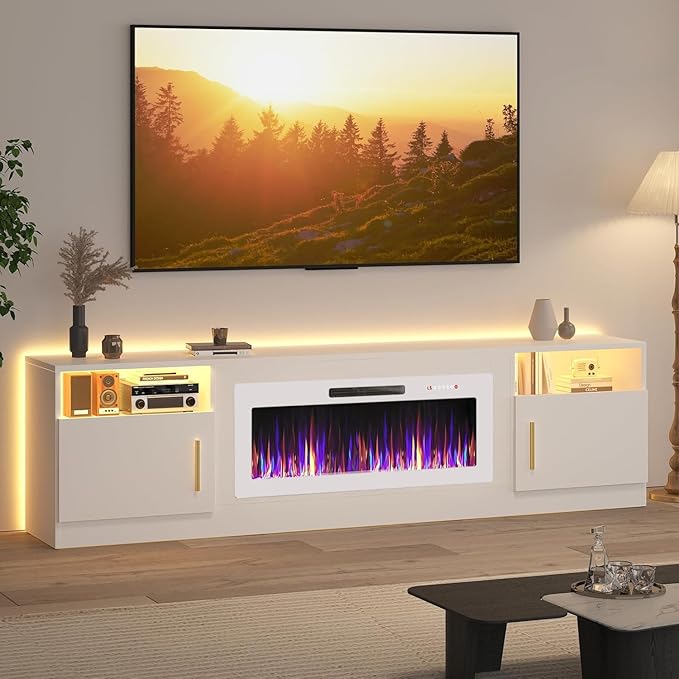 Lemberi Fireplace tv Stand with 36 inch White Fireplace Up to 90" TVs, LED Light Entertainment Center and Storage, 80" Modern Wood Media TV Console with Highlight Cabinet for Living Room