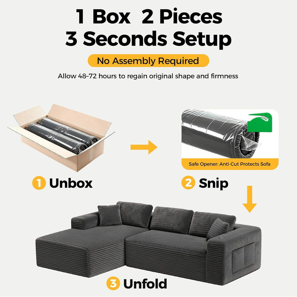 CAMMOO 108" L-Shaped Boneless Sectional Sofa, Cloud Couch in One Box | No Assembly Deep Seat, 4-Seater Sofa for Living Room, Storage Pockets, Plush Corduroy, Left-Facing Chaise, Grey