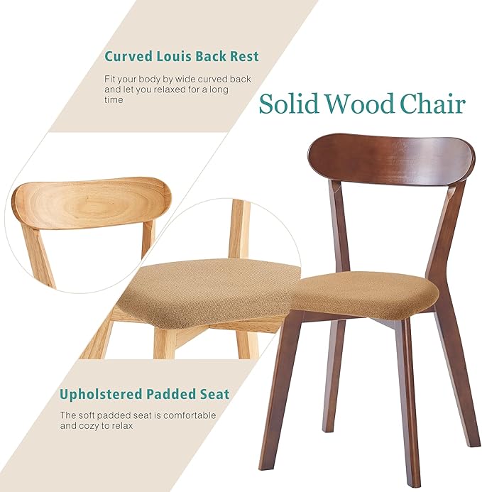 Walnut Solid Wood Chairs Set of 4 for Living Room and Home Kitchen, with Khaki Fixed Cushion (Louis-4 Walnut, Walnut/Khaki)