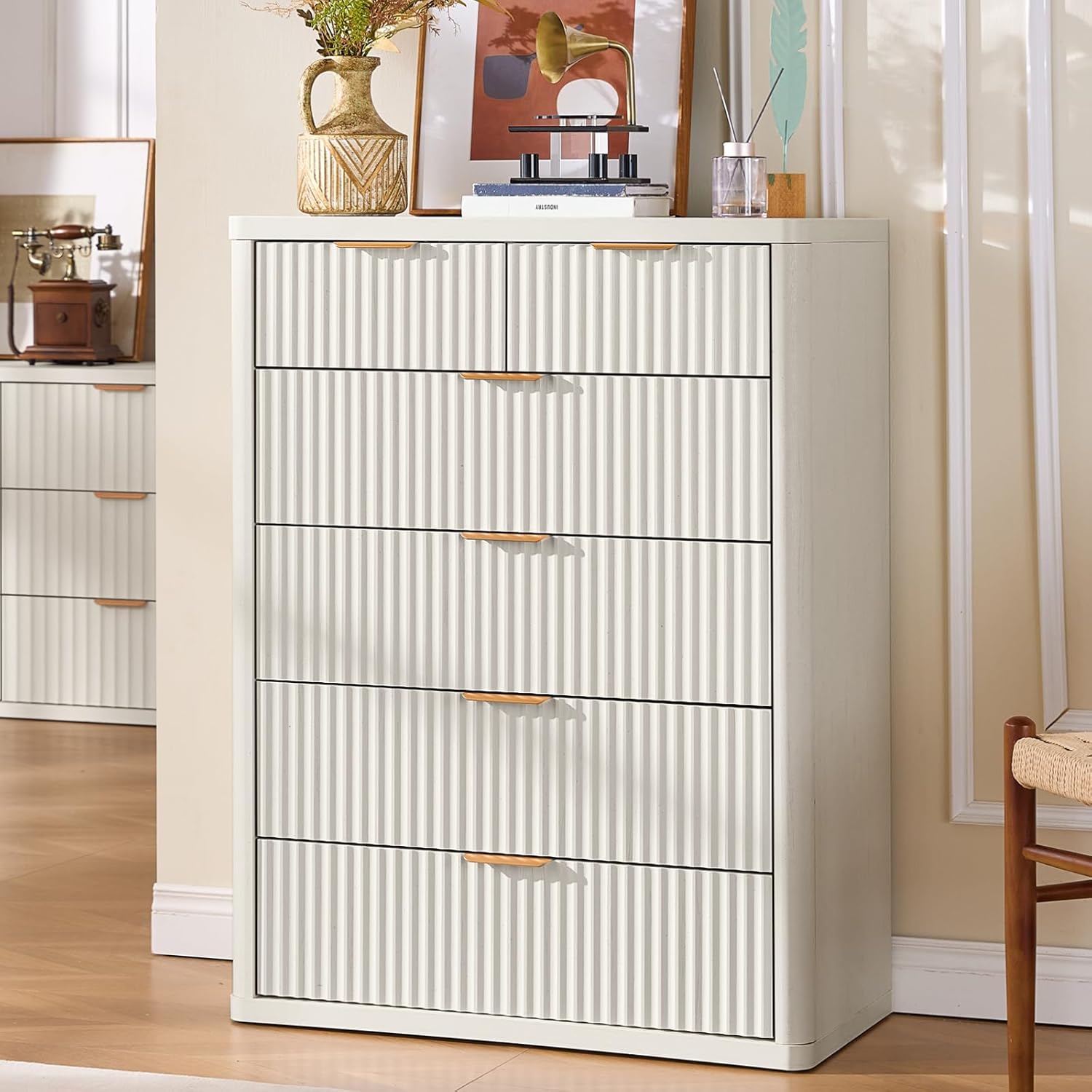 LEYAOYAO Fluted 6 Drawers Dresser for Bedroom Set of 2, 42" Tall Modern Chest of Drawers with Metal Handle, Curved Profile Design,White Wood Drawer Organizer for Bedroom, Living Room, Hallway