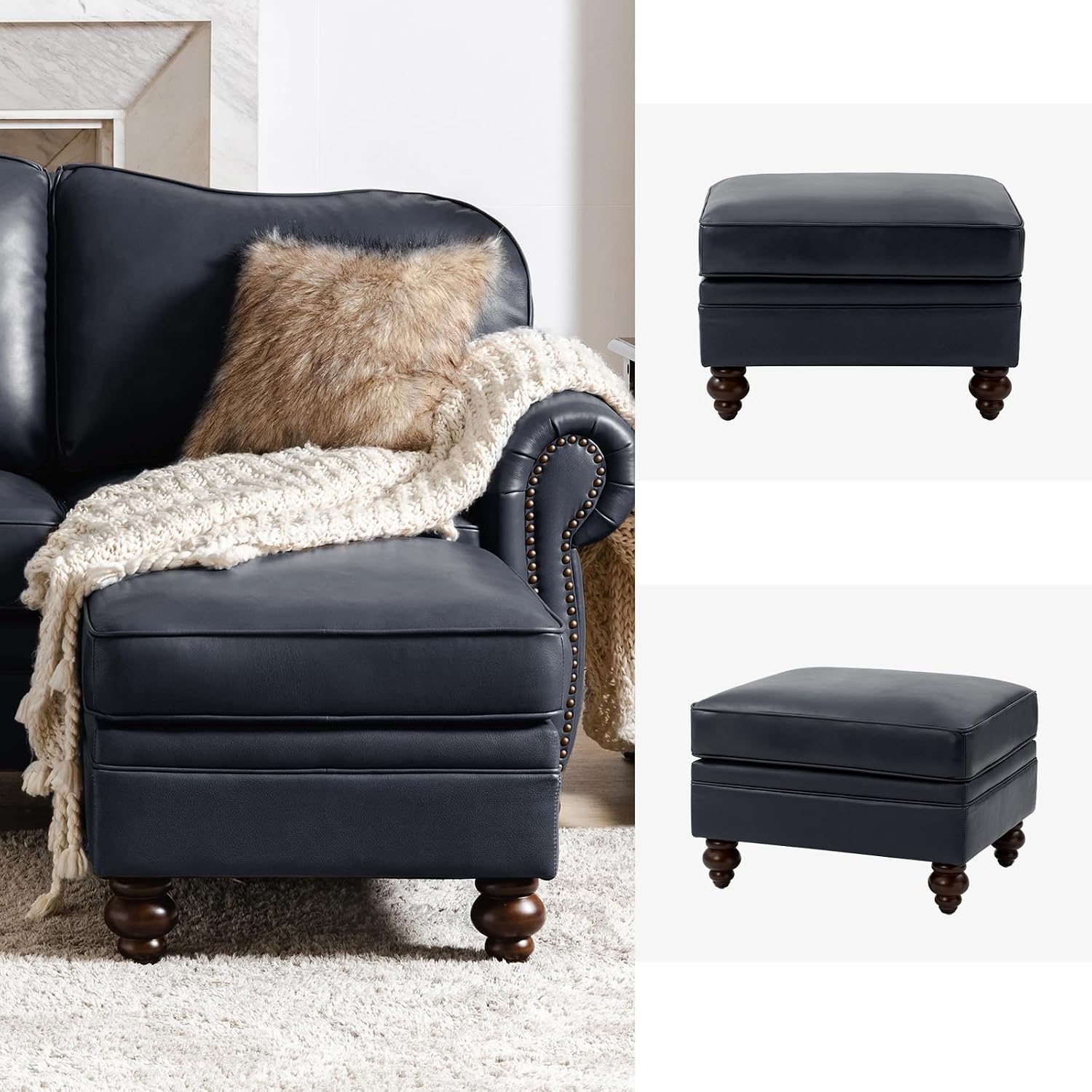 HULALA HOME Genuine Leather Ottoman Coffee Table, Ottoman Foot Rest for Living Room, Navy