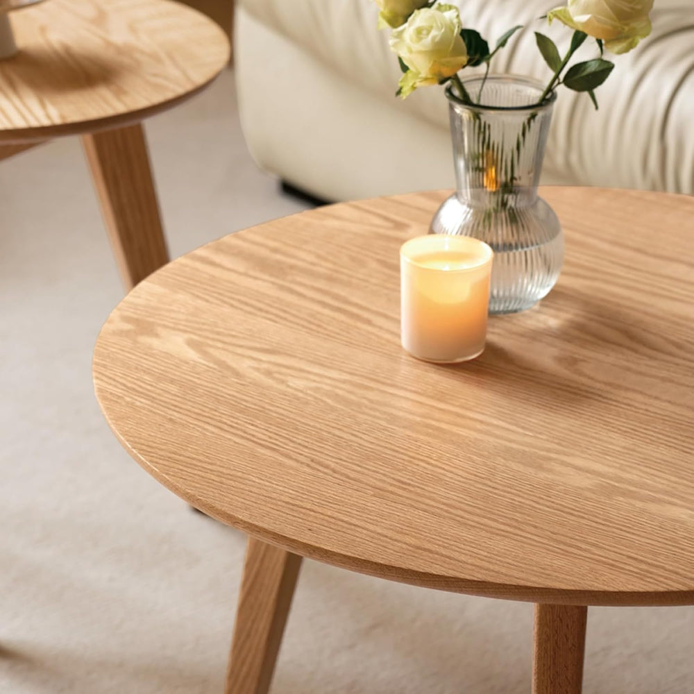 100% Solid Oak Wood Mini Coffee Table, Round Cofffe Tables Side Table w/Solid...
