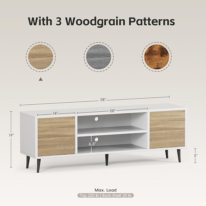 JUMMICO TV Stand for 65 Inch TV, Mid Century Modern TV Stand, Entertainment Center with Storage Cabinet and Open Shelves, TV Console Table Media Cabinet for Living Room, and Bedroom (White)