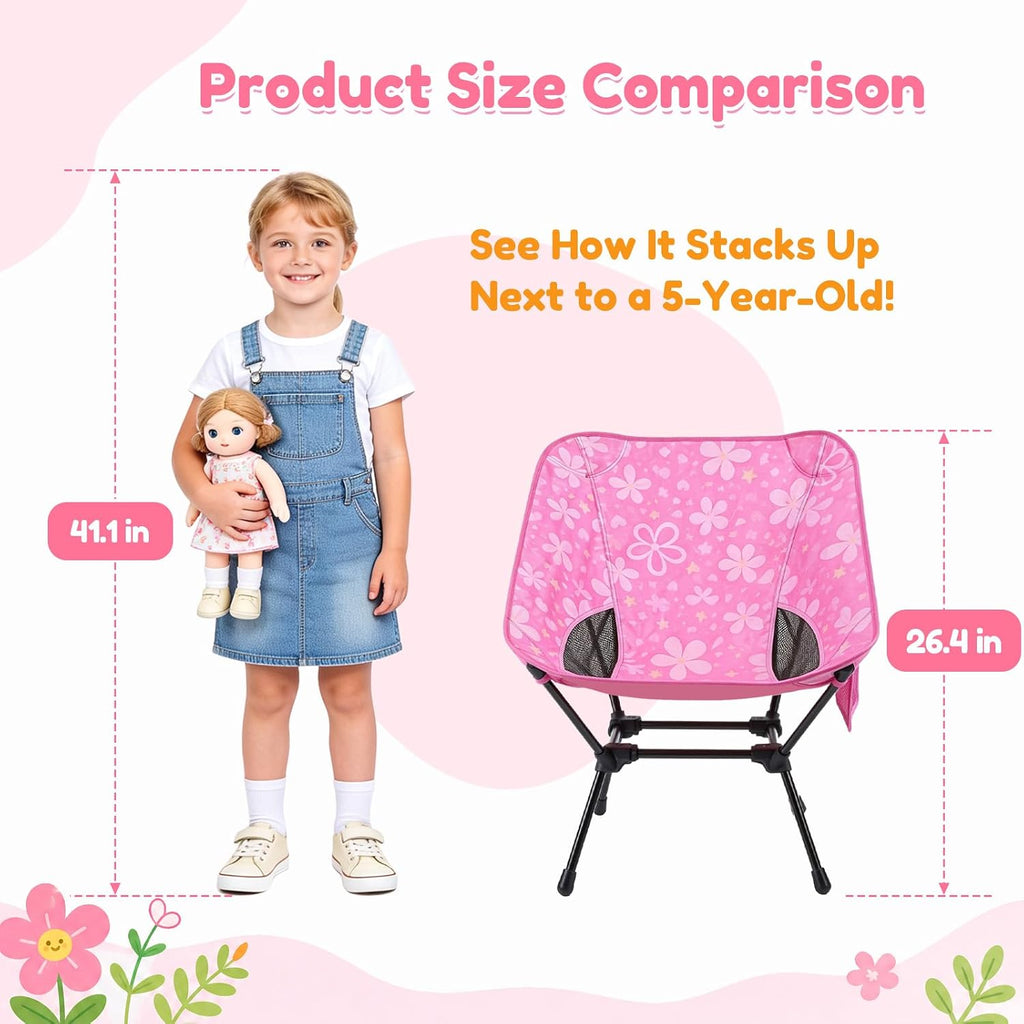 Kids Camping Chair, Foldable, Flowers | Lightweight, Carry Bag, Heavy Duty, Portable, Indoor & Outdoor Use