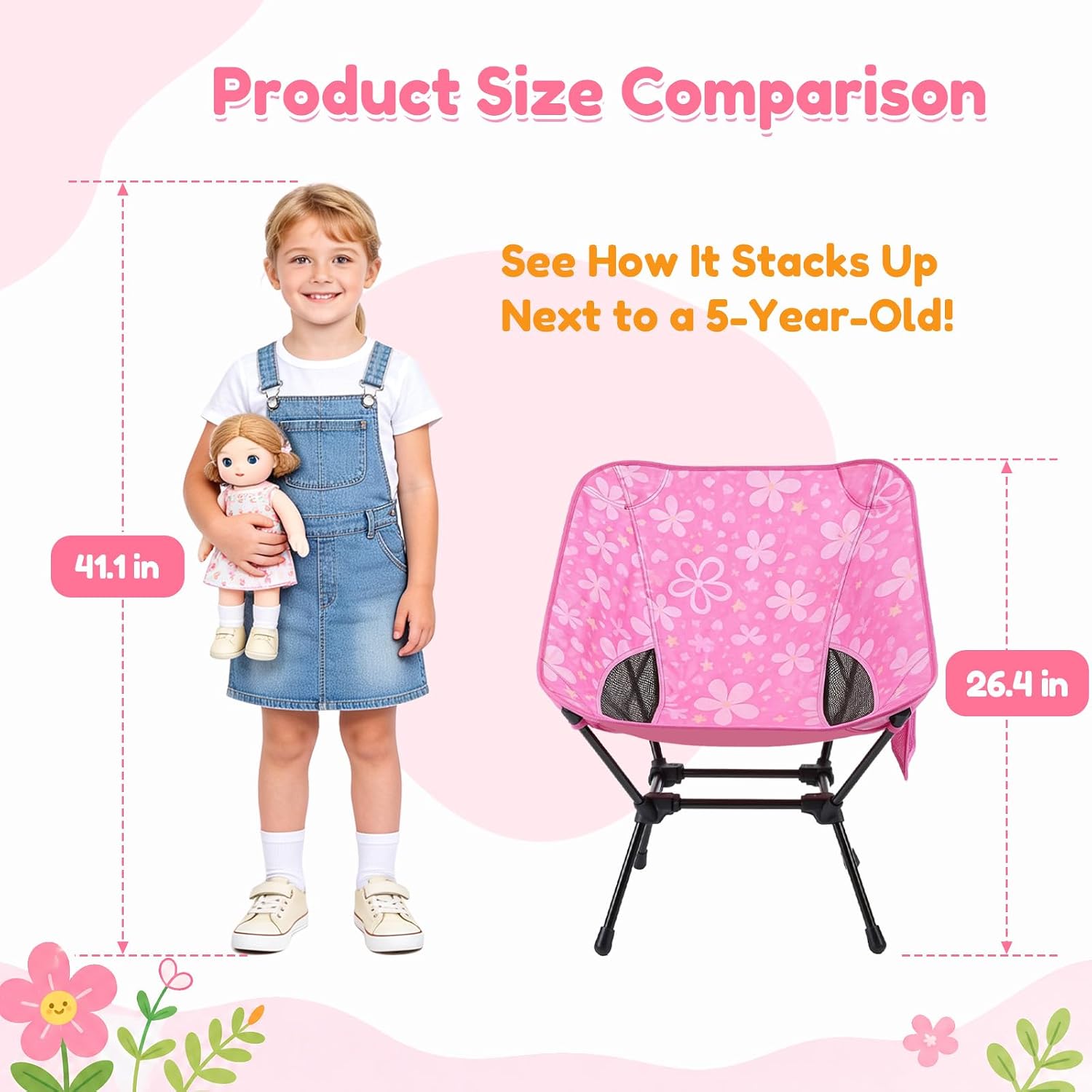 Kids Camping Chair, Foldable, Flowers | Lightweight, Carry Bag, Heavy Duty, Portable, Indoor & Outdoor Use