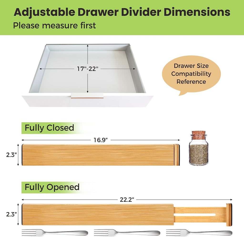 Fyvva Drawer Divider, Adjustable Bamboo Kitchen Drawer Organizer, Spring Loaded Drawer Organizer, Dresser Separators for Kitchen, Bathroom, Clothes, Office Desk Storage (Natural, 4 Pack Large)