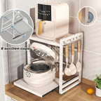 2-Tier Microwave Rack - Height Adjustable & Extendable Kitchen Shelf with Drawer - Carbon Steel - Includes Hooks & Reinforcement Suction Cups - Easy Assembly (White)