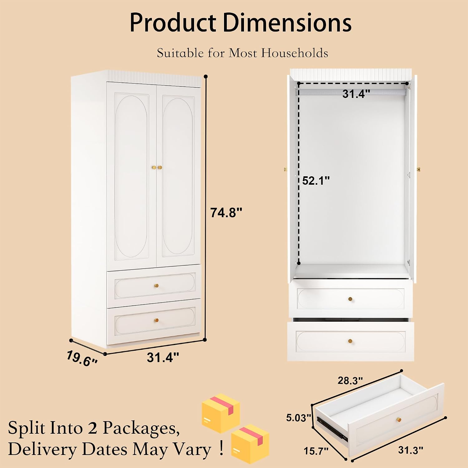 Armoire Wardrobe Closet with Drawers: 74" White Wardrobe Closet with 6 Doors, Large Armoire with 6 Drawers, Hanging Rod, Wood Closets for Bedroom