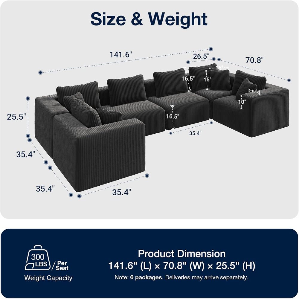 Avenco 141” 6-Seat Modular Sectional Sofa Couch, Individually Wrapped Coil Su...