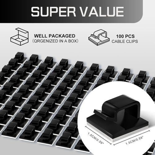 100PCS Cable Clips, Adhesive Wire Clips Strong Cord Clips Wire Holders, Cable Management Clips for Desk, Wall, Car, TV, Ethernet Cable (Black, Small)