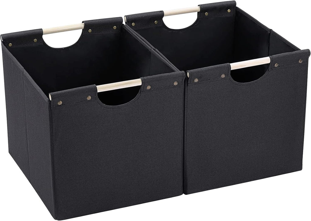 HOONEX Large Collapsible Storage Bins, Linen Fabric, Pack of 2, Storage Baskets with Wooden Carry Handles and Sturdy Heavy Cardboard, for Home, Office, Car, Nursery, Black