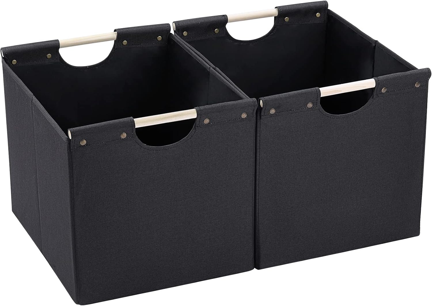 HOONEX Large Collapsible Storage Bins, Linen Fabric, Pack of 2, Storage Baskets with Wooden Carry Handles and Sturdy Heavy Cardboard, for Home, Office, Car, Nursery, Black