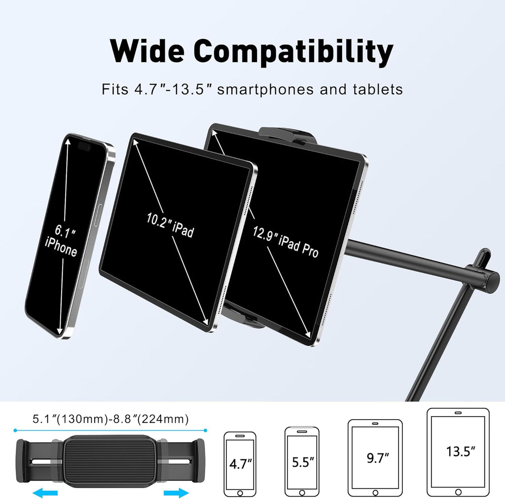 AboveTEK Tablet Stand Holder for Desk & Bed, Aluminum iPad Holder Arm with 360° Rotating Clamp, Adjustable Phone Stand Compatible with 4.7"-13.5" iPad Pro/Air/Mini, iPhone, Galaxy Tab- Black