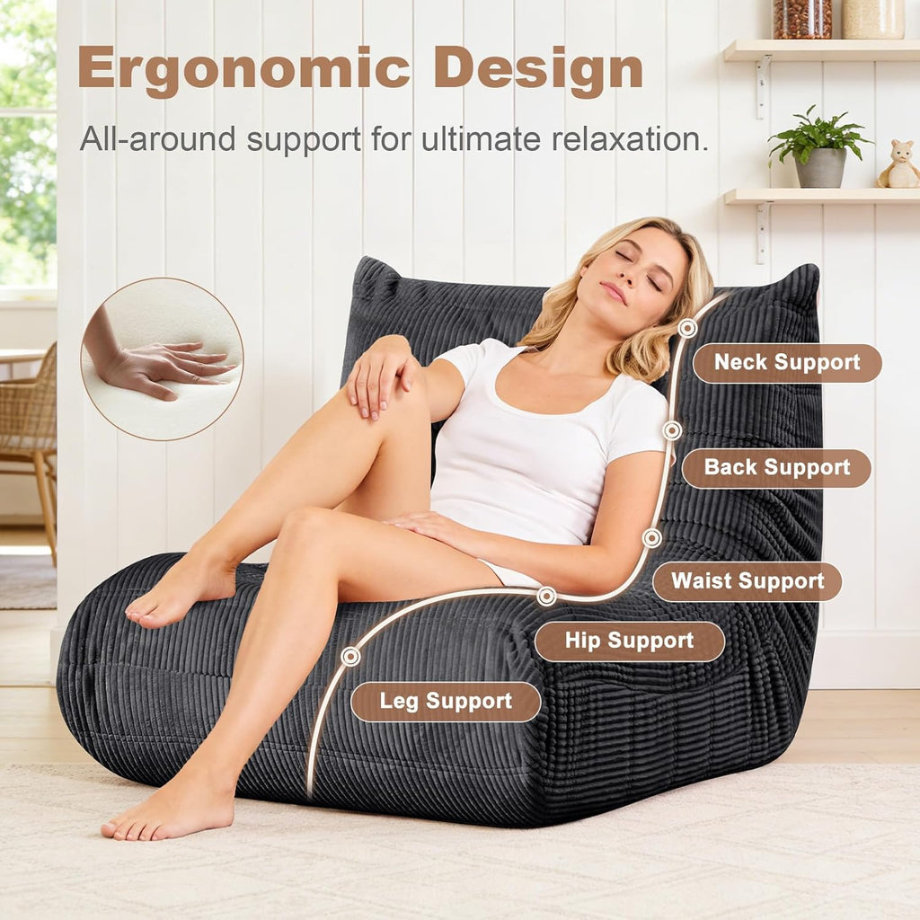 Giant Bean Bag Chair, Memory Foam Filled Oversized Corduroy Floor Sofa for Adults, High-Rebound Boneless Lazy Chair for Living Room, Bedroom, Reading & Gaming, Grey