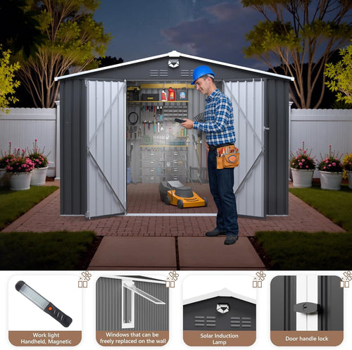 10x12 FT Outdoor Storage Shed, Metal Garden Shed - Tool Storage Sheds with Lockable Doors & 1 Vented Clear Window, Waterproof Outside Storage Building for Backyard, Patio (Black; Floor Not Included)