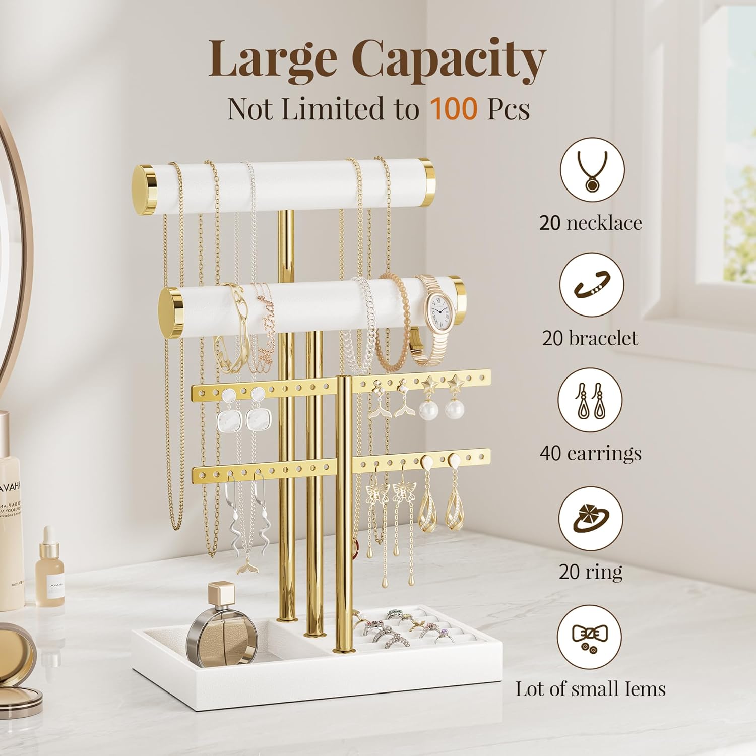 3 Tier Bracelet Holder Display - White Leather Bracelet Holder, Detachable T Bar Jewelry Holder Organizer for Bracelet, Necklace, Earrings, Rings, Watches, Bangle