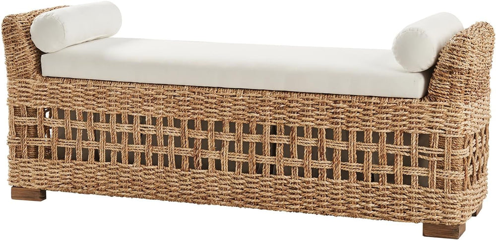 HULALA HOME 56" Rattan Storage Bench, Boho Wicker End of Bed Bench, Natu...