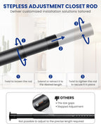 Closet Rods for Hanging Clothes with Triangular Brackets, 17 to 69 Inches Stepless Adjustable Closet Rod, 1.3 Inch Heavy Duty Closet Rod for Closet Wardrobe Laundry RV (Without Board/Black)