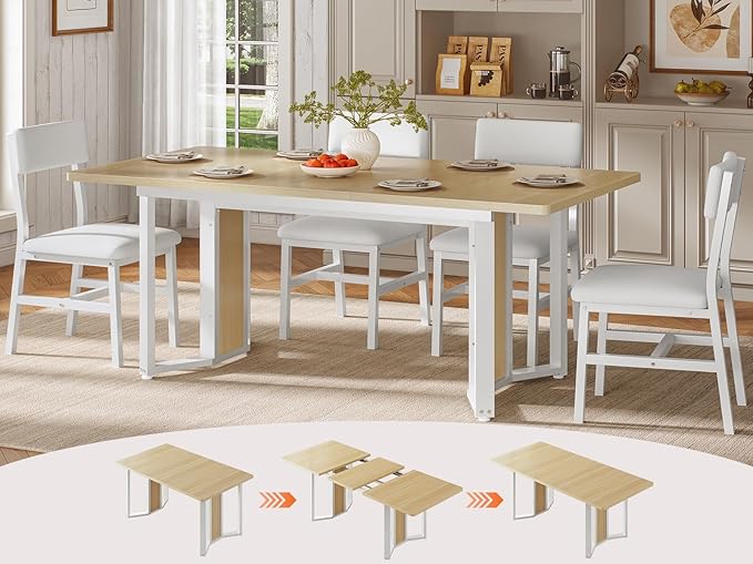 Itaar 5-Piece Dining Table Set for 4-6 People, 63" Extendable Kitchen Table and 4 Cushion Chairs, Dining Room Table with MDF Board & Metal Frame for Small Space, Easy Clean, Natural