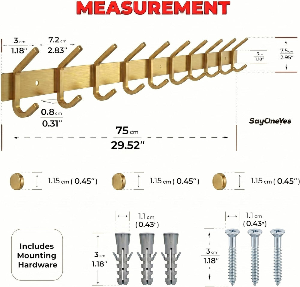 Brushed Gold Wall Mounted Coat Rack – 30 Inch Stainless Steel Rail with 10 Do...