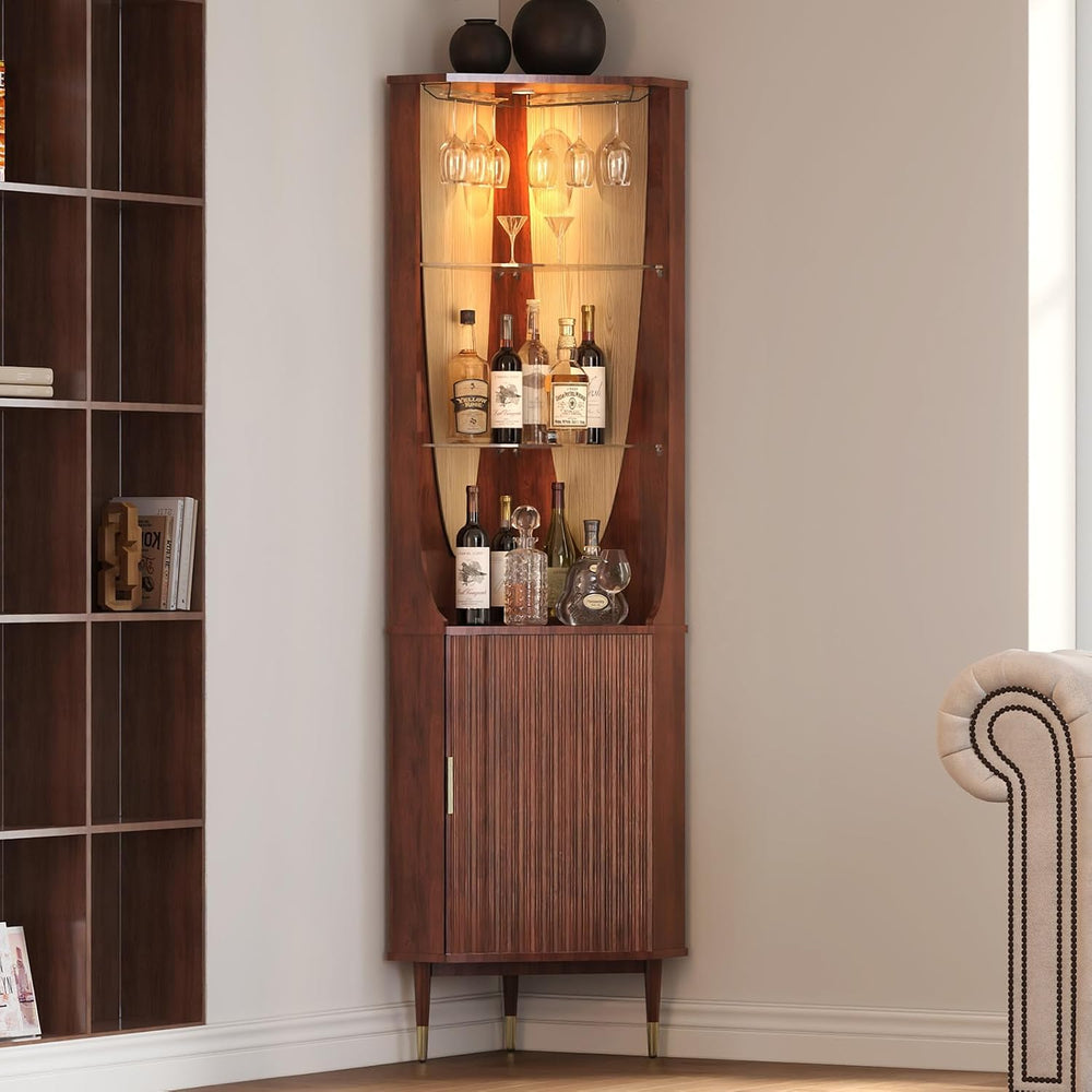 JOINICE Tall Corner Bar Cabinet for Liquor,Mid-Century Modern,Walnut,70"
