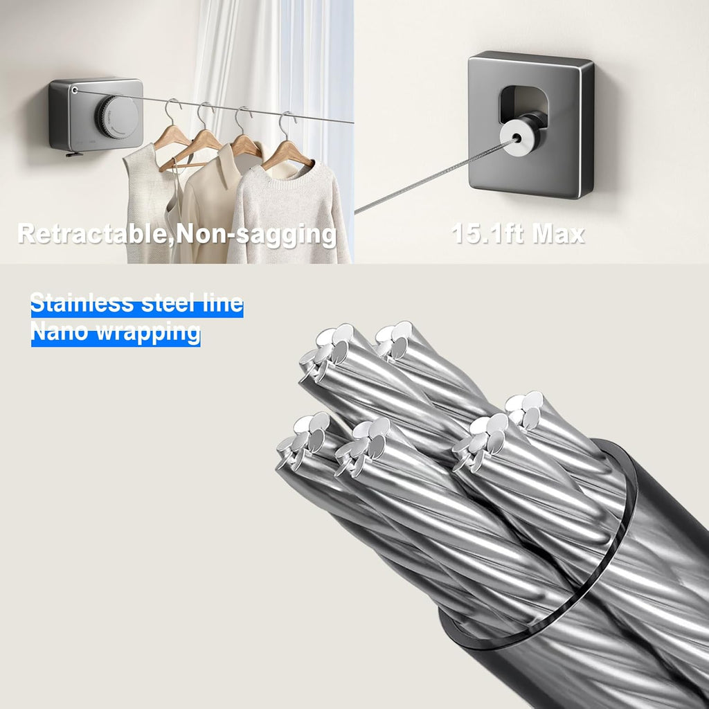 Retractable Clothesline Indoor, Non-Sagging Outdoor Clothes Line Retracting Heavy Duty Clothes Drying Laundry Line Wall Mounted Stainless Steel Line-13.8 Feets(Gray)