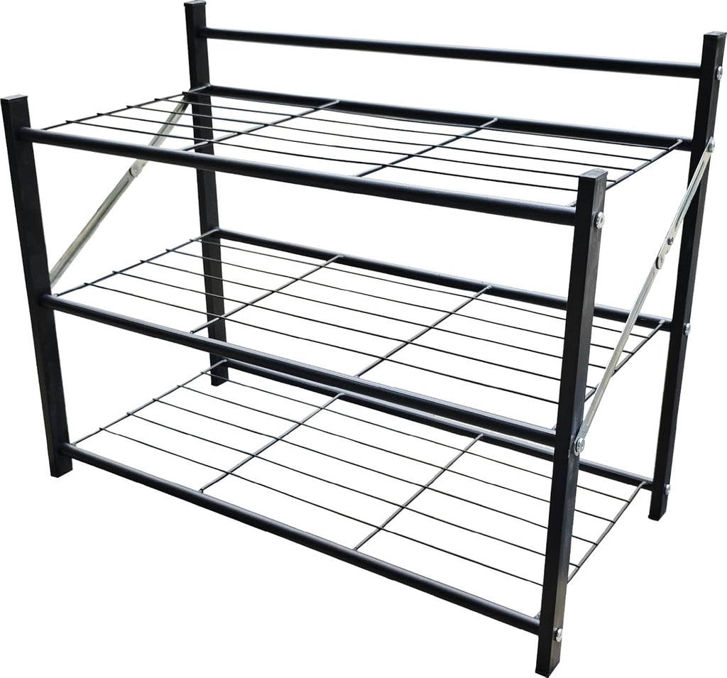 3-Tier Folding Metal Shoe Rack, Heavy Duty Free-Standing Storage Shelf for Entryway, Bedroom, Gym, Holds Shoes, Dumbbells, Multi-Purpose Organizer with Reinforced Stability
