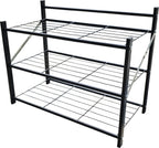 3-Tier Folding Metal Shoe Rack, Heavy Duty Free-Standing Storage Shelf for Entryway, Bedroom, Gym, Holds Shoes, Dumbbells, Multi-Purpose Organizer with Reinforced Stability