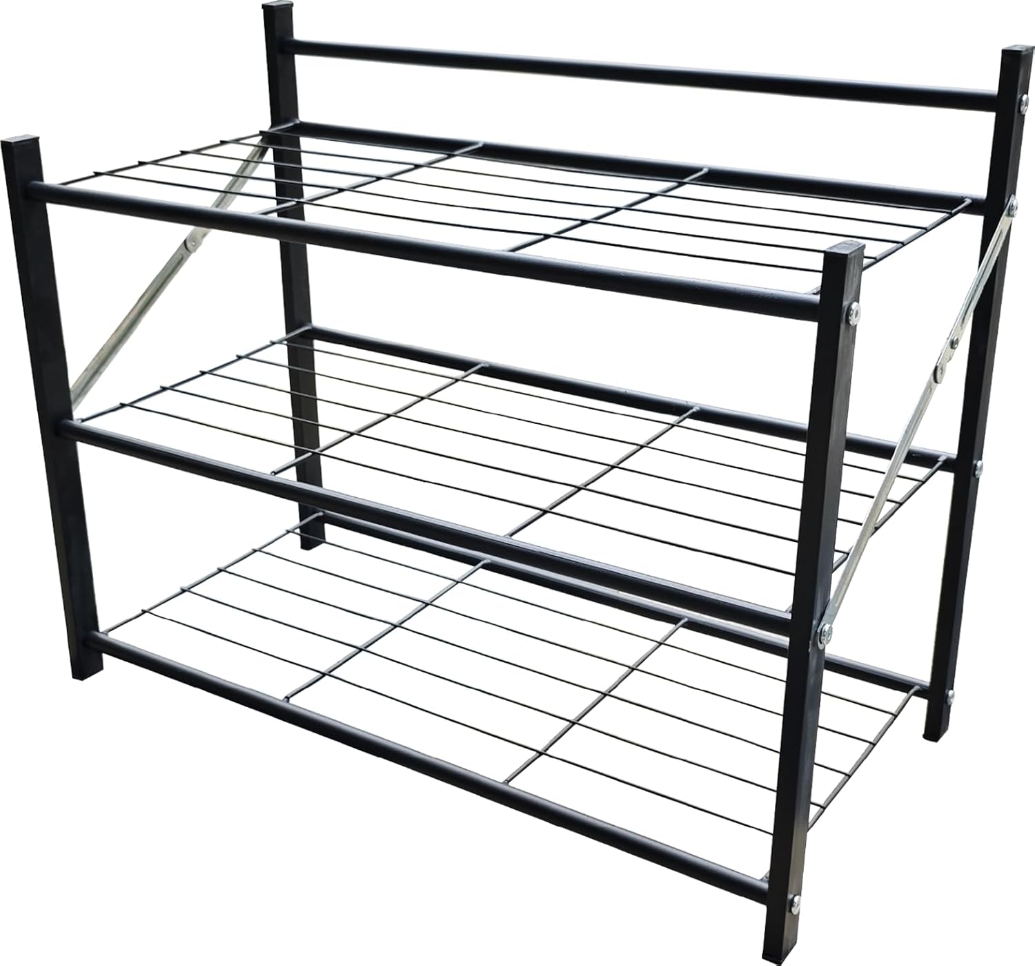 3-Tier Folding Metal Shoe Rack, Heavy Duty Free-Standing Storage Shelf for Entryway, Bedroom, Gym, Holds Shoes, Dumbbells, Multi-Purpose Organizer with Reinforced Stability