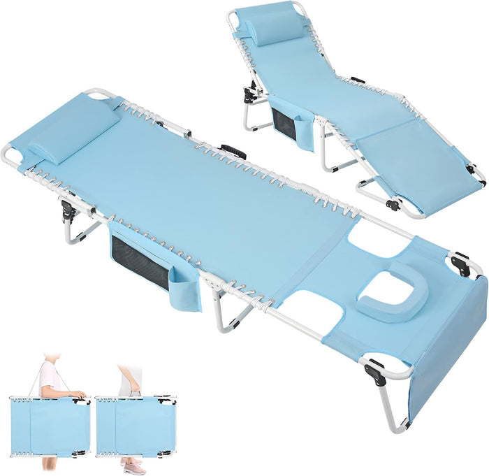 Oversized Heavy Duty Tanning Chair with Face Hole Adjustable 5-Position Folding Chaise Lounge Chairs for Outside Portable Layout Beach Lounge Chair for Outdoor Sunbathing Patio Pool Lawn Deck Poolside