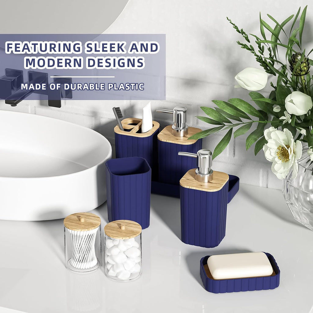 Bathroom Accessories Set - Elegant Blue Bathroom Set, 10PC Bathroom Accessory Set, Toilet Brush, Trash Can, Qtip Holder Dispenser & Soap Dispenser