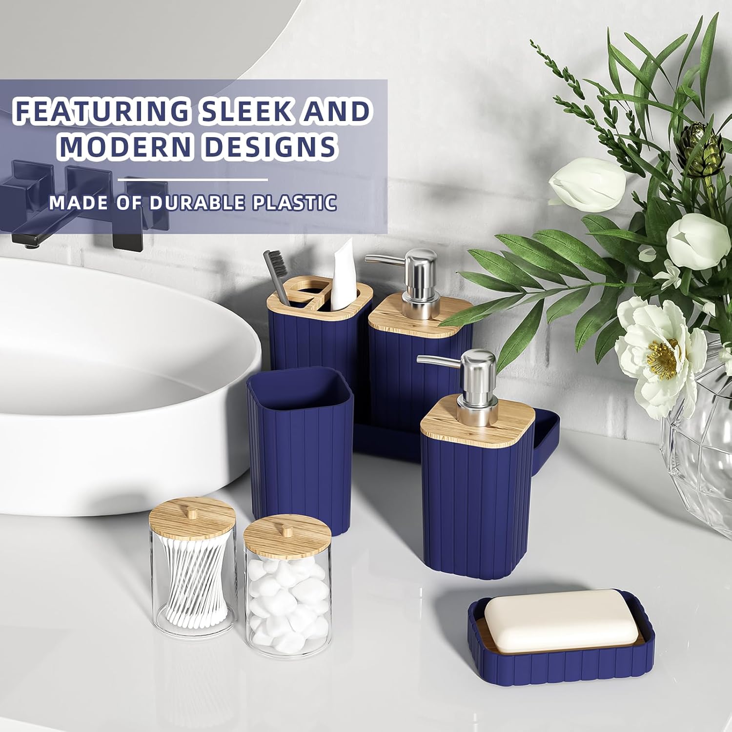 Bathroom Accessories Set - Elegant Blue Bathroom Set, 10PC Bathroom Accessory Set, Toilet Brush, Trash Can, Qtip Holder Dispenser & Soap Dispenser