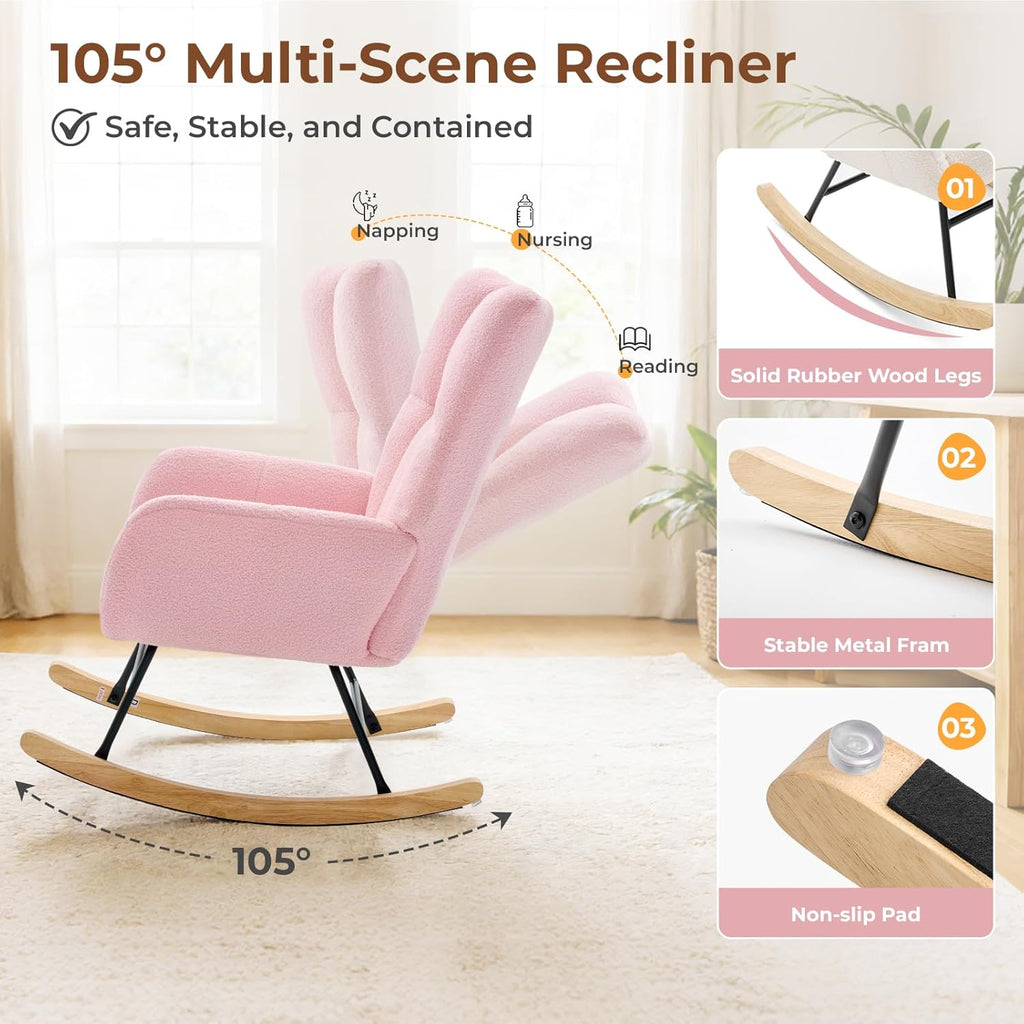 DUMOS Nursery Rocking Chair Teddy Upholstered, Comfy Glider Rocker with High Backrest Armchair Padded Seat, Accent Side Chair for Living Room Bedroom Offices Small Spaces Indoor, Pink